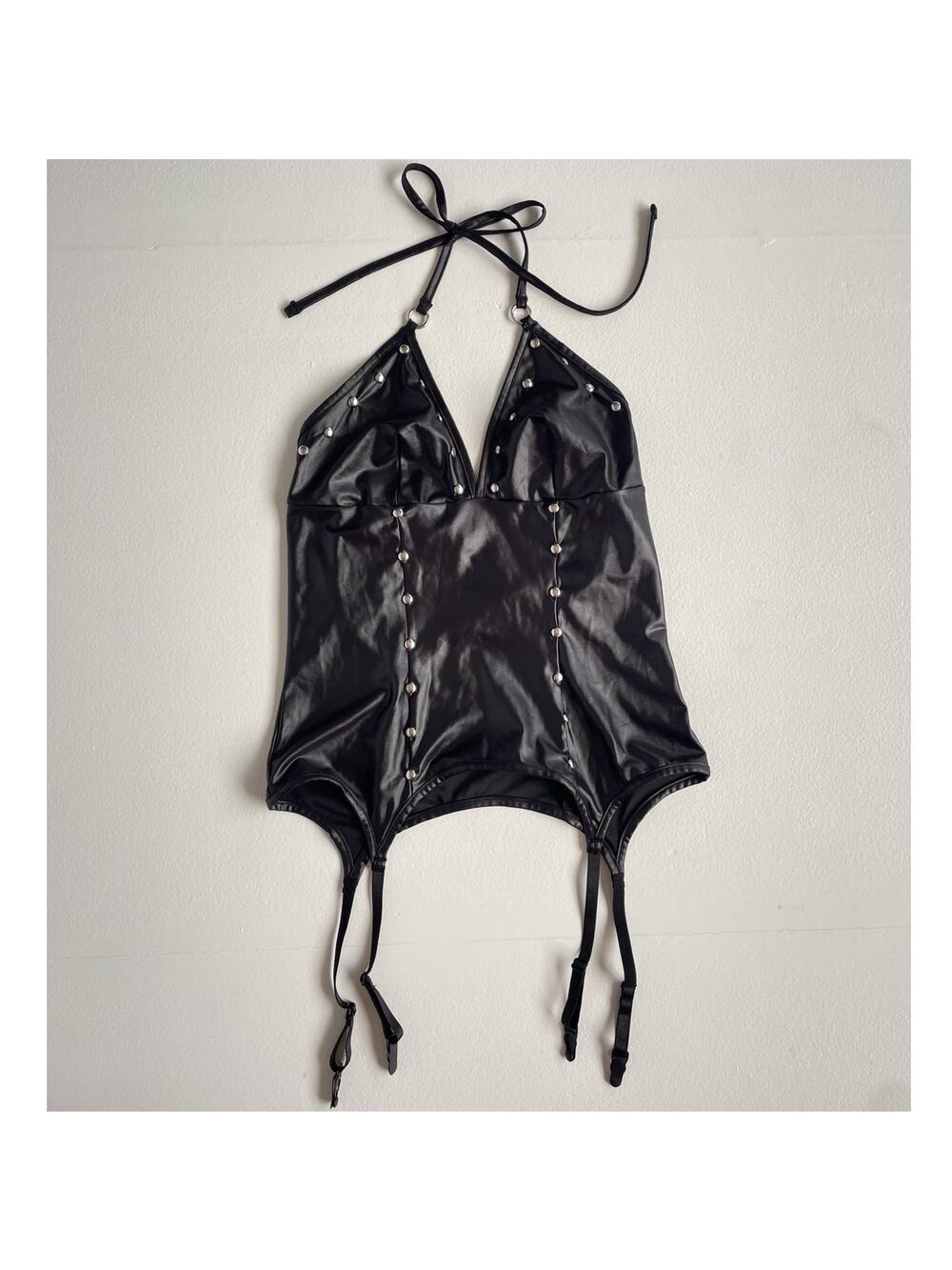 LUST Black Studded Shiny Black Halter Garter Top / L/XL / Lingerie Goth Punk